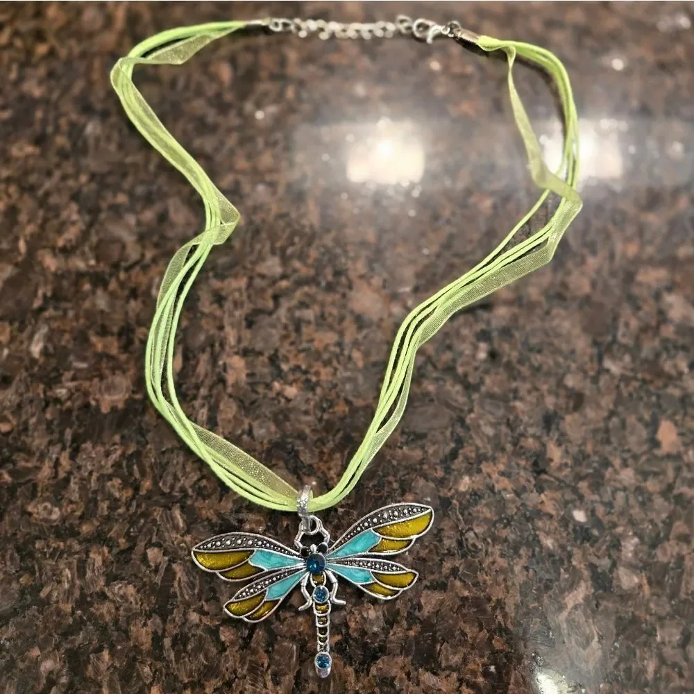 Dragonfly Pendant Necklace with Green Ribbon With Rhinestones